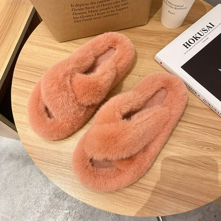 

PIKADINGNIS Street Trend Cross Band Ladies Fluffy Fur Slippers Winter Solid Bedroom Girls Plush Shoes Fashion House Women Fluffy Slippers