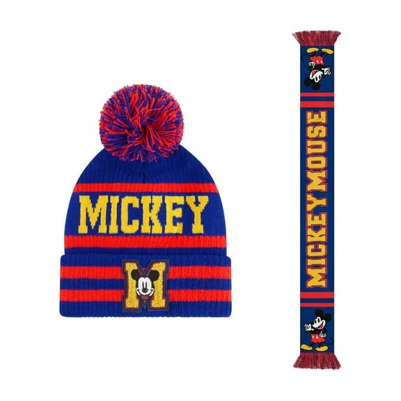 Mickey Mouse Collegiate Pom Cuff Beanie and Scarf Set