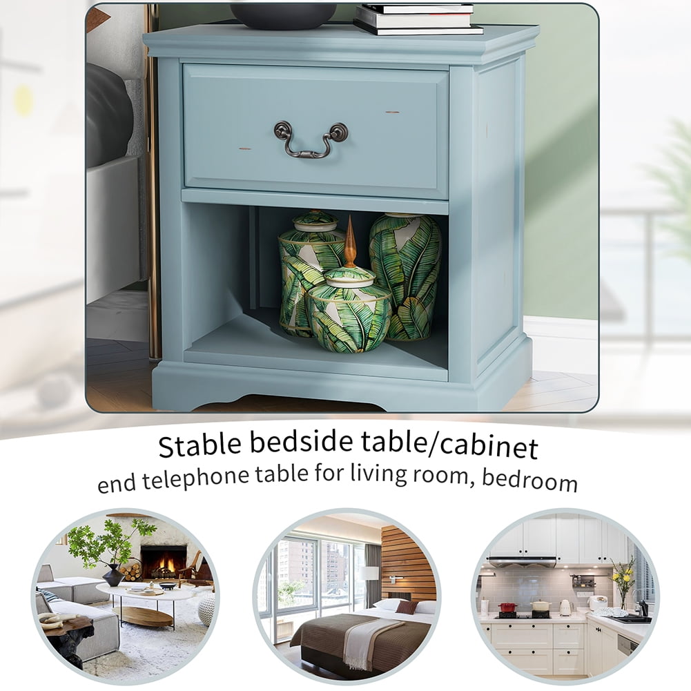 Lowestbest Modern Solid Wood Bedside Table, Living Room Side Table Coffee Table with 1 Drawer, Blue Lowestbest Modern Solid Wood Bedside Table, Living Room Side Table Coffee Table with 1 Drawer, Blue