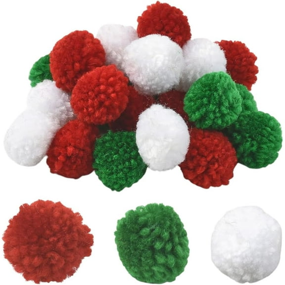 24Pcs 3 Colors 25mm Christmas Pom Pom Balls Craft Pompoms Large Bulk Polyester Red Green White Round Fluffy Winter Small Pompoms for Crafts DIY Making Creative Hats Arts Holiday Supplies