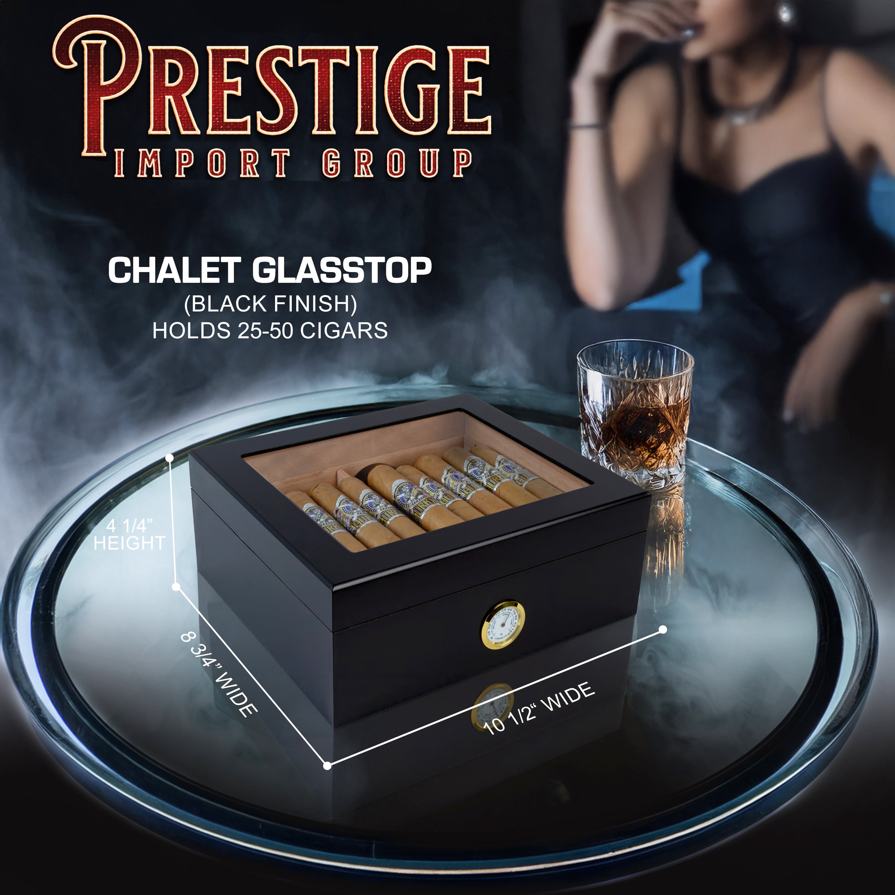Chalet Glass Top Cigar Humidor - Black Finish - Capacity: 25 to 50