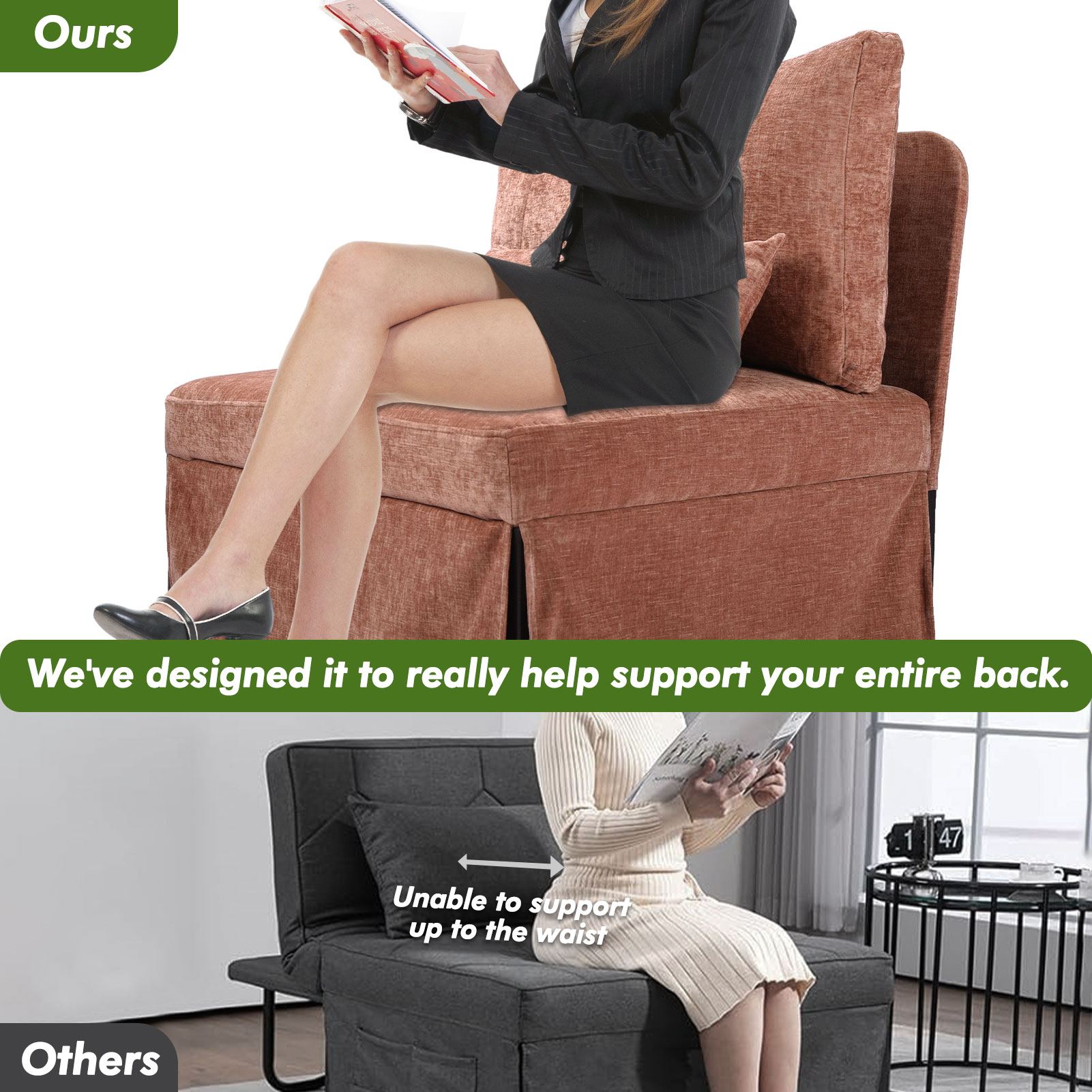 zzw 5-in-1 Convertible Sleeper Sofa Chair, Adjustable Linen Folding Ottoman Bed, Assembly-Free for Apartment Living Room