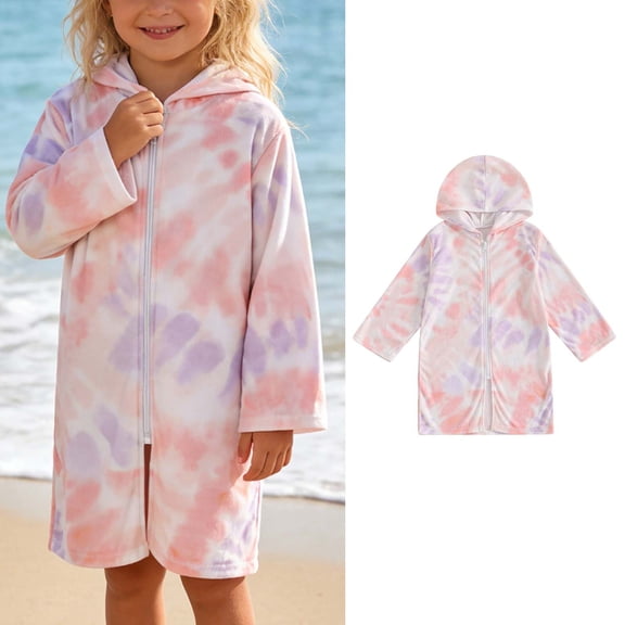 Girls Swim Suit Cover Up Zipper Hooded Tie Dye Print Towel Cover Up Towel Dress Girls Cover Ups 5-6 Years