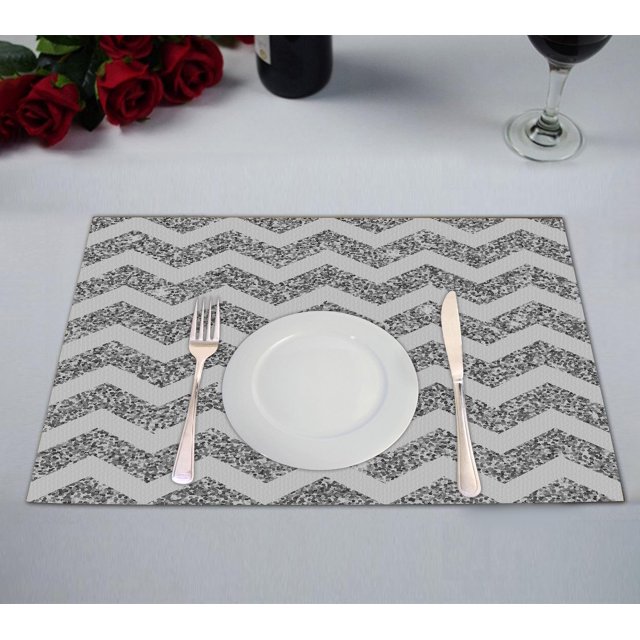 ABPHQTO Mantel individual Chevron brillante con purpurina plateada y textura blanca 30x45 cm Juego de 2 manteles individuales de mesa