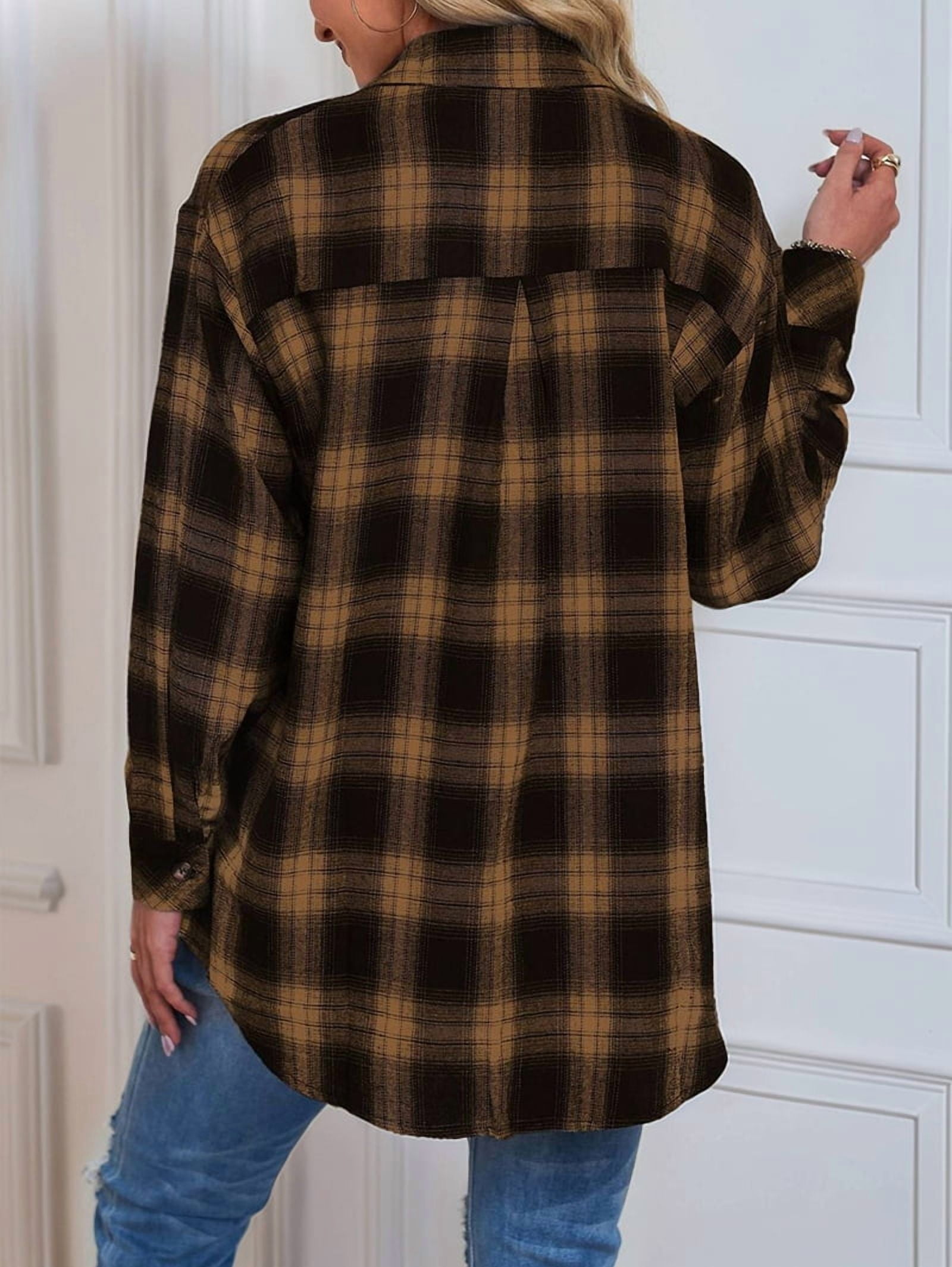 Womens Button Down Flannel Shirts Long Sleeve Plaid Shackets Business Casual Blouse Top Khaki L
