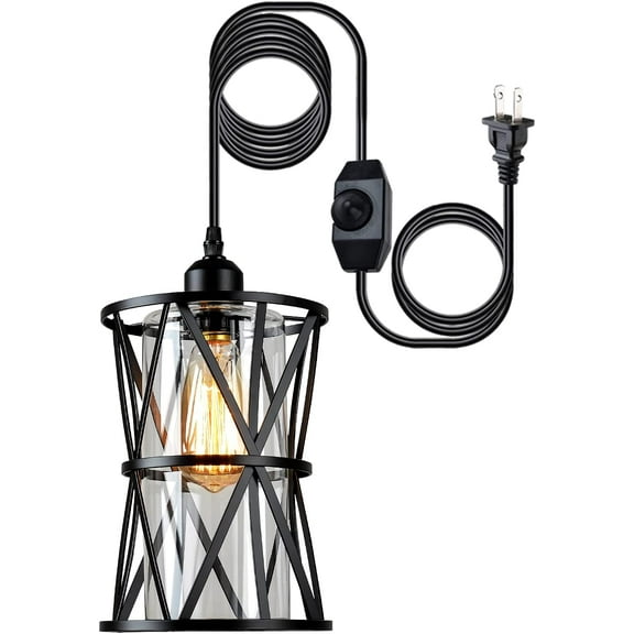 Farmhouse Pendant Lighting, Outdoor Swag Lamp with Plug in Cord and On/Off Dimmer Switch, Hanging Light Fixture with Clear Glass Lampshade for Dining Room Bedroom Foyer Hallway Kitchen Island