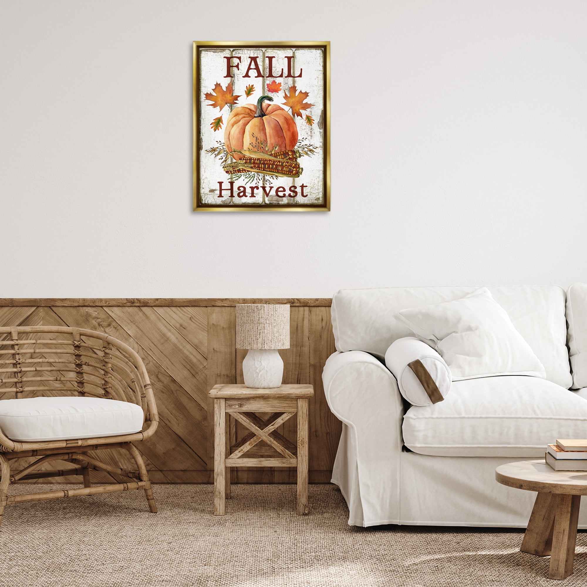 Stupell Industries Fall Harvest Pumpkin & Corn Holiday Painting Gold Floater Framed Canvas Art Prints Wall Art, 25 x 31