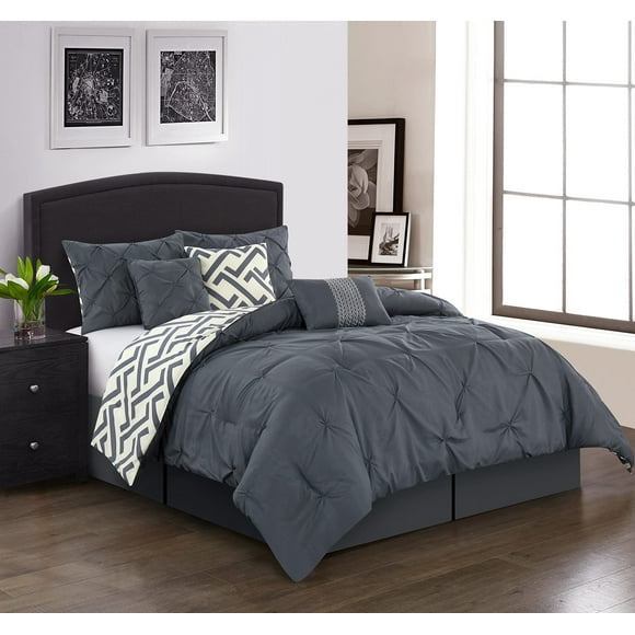 Grand Avenue Grey Comforter Set Queen Size, Pinch Fashion All Season Bedding Set, Bedskirt, Pillows & Shams, Solid Color Home Decor