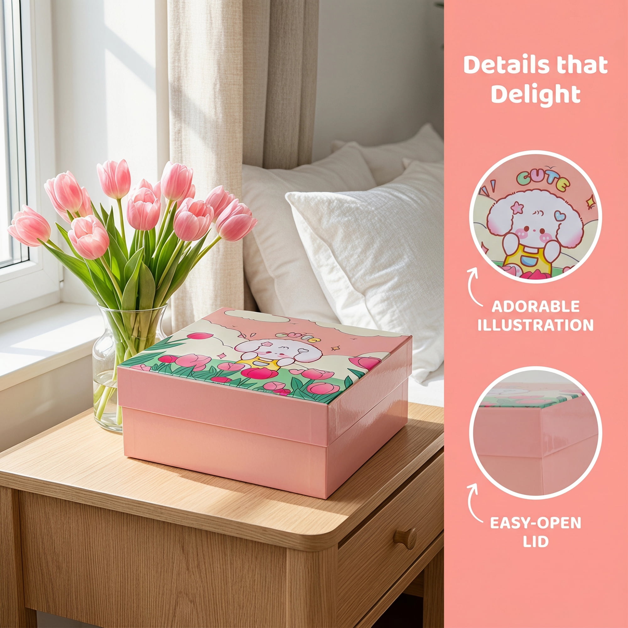 Unique Bargains Cute Cartoon Rigid Present Box Pink 10"x8.1"x3.9"