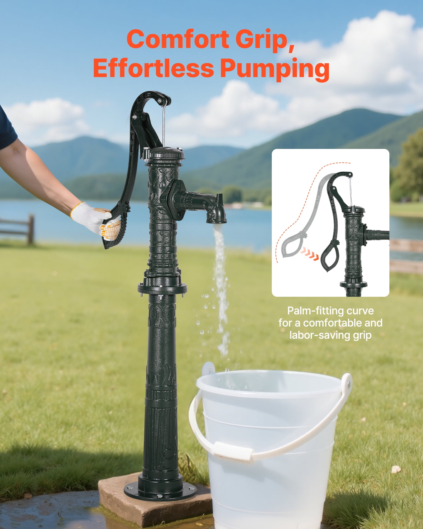 VEVOR Well Hand Pitcher Pump, 20 ft Max Lift, Antique Cast Iron Manual Hand Water Pump with Heightening Base, NPT 1-1/4 in Connection, Easy Installation, for Outdoor Garden, Pond, Yard, Farm, Green