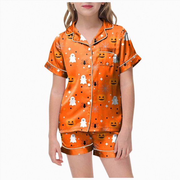 NIEWTR Halloween Pjs Girls 2 Piece Pumpkin Ghost Sleepwear Short Sleeve Jammies for Kids Button-Down Nightwear Girls' Pajama Sets