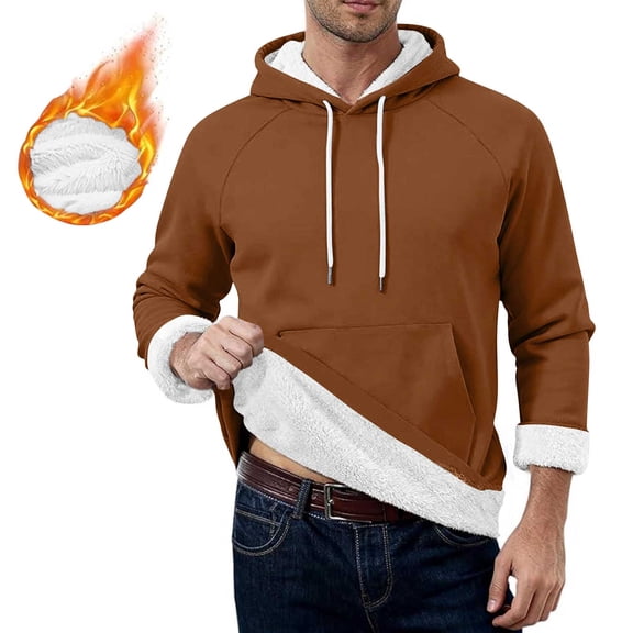 gbyLJF Mens Long Sleeve Hoodie Fleece Lined Solid Color Hooded Sweatshirts Round Neck Drawstring Pullover Tops with Pockets
