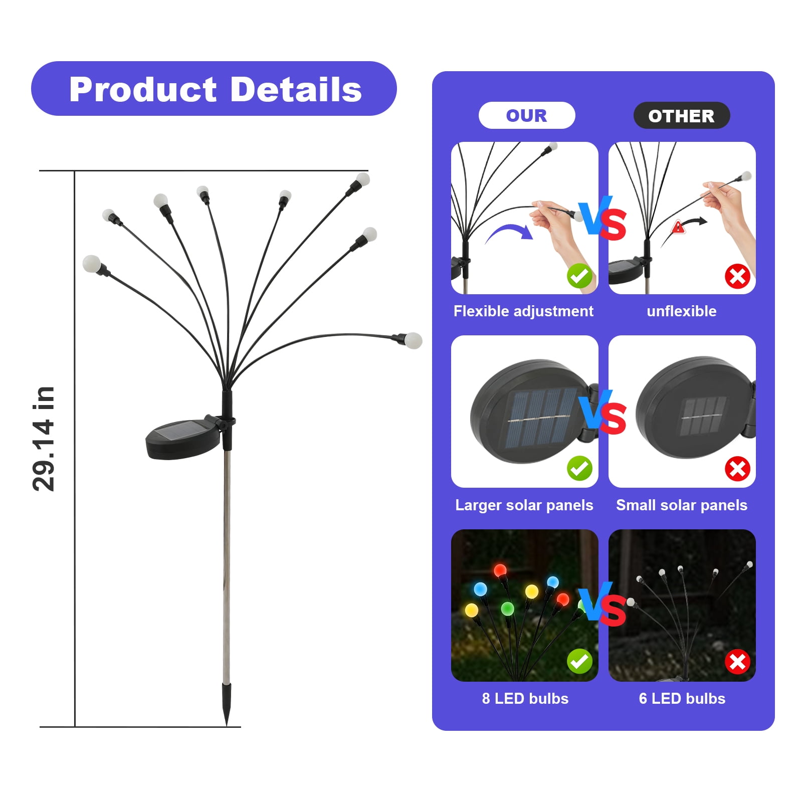 TopZoo Solar Garden Stake Lights Outdoor Waterproof, 8 Pack/2 Modes Swaying Firefly Lights for Garden Decor, Yard, Patio, Pathway, Party, Christmas Decoration, Multicolor 64 LED