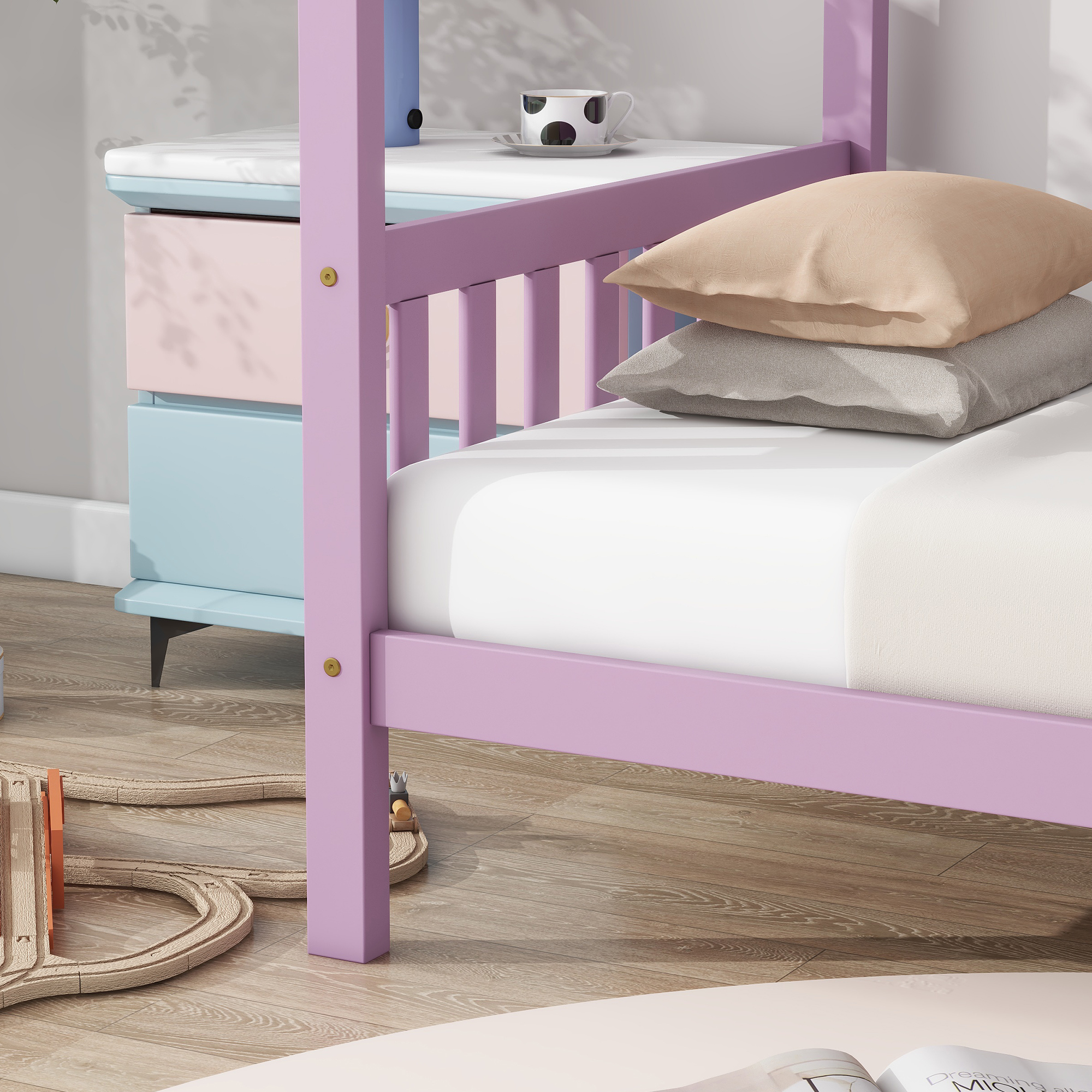 Miniyam Wood Twin Size Bed with House-shaped Design for Kids and Teens, Pink