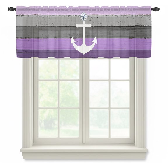 White Anchor Sheer Valances for Windows Costal Purple Grey Stripes Wood Grain Bottom Semi Sheer Kitchen Valance Rod Pocket Small Window Voile Curtains for Living Room Bedroom Laundry 42 x 18 Inch