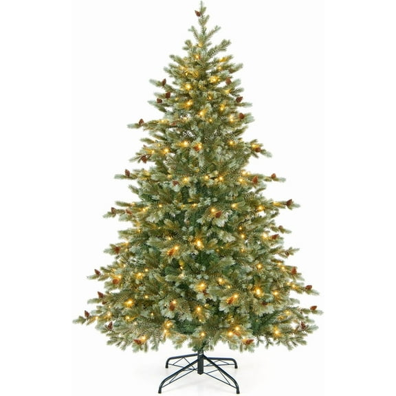 DORTALA 6 FT Pre-Lit Christmas Tree Green, Hinged Artificial Pine Xmas Tree with 240 Warm White LED Lights, 8 Lighting Modes, 590 PE & PVC Branch Tips, 53 Pine Cones, for Home Office Party