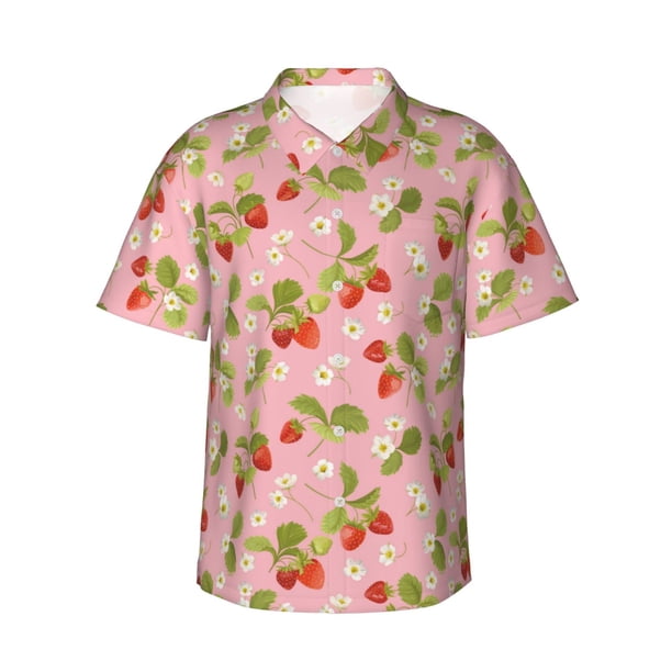 Balery Strawberry Floral Camisas hawaianas de manga corta para hombre, camisas playeras de corte holgado, camisas de vacaciones con botones,XX-Large