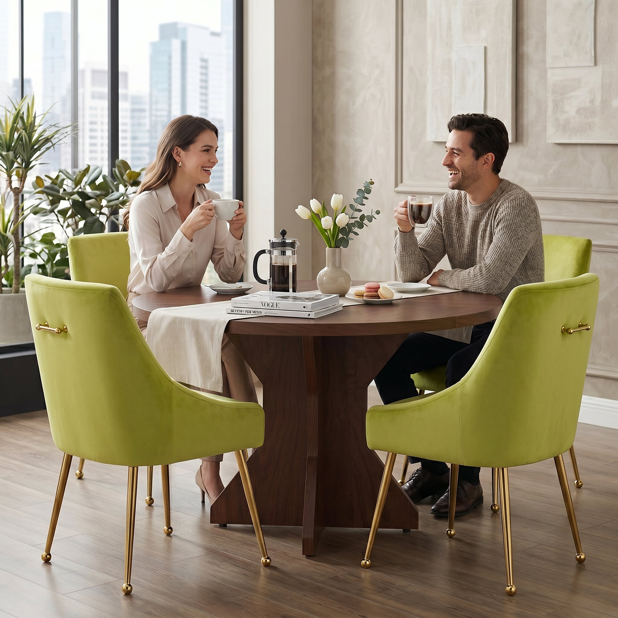 Restworld Velvet Dining Chairs Set of 2, Modern Upholstered Dining Chairs with Gold Metal Legs,Tufted Dining Chairs for Living Room, Bedroom, Kitchen,Yellow green