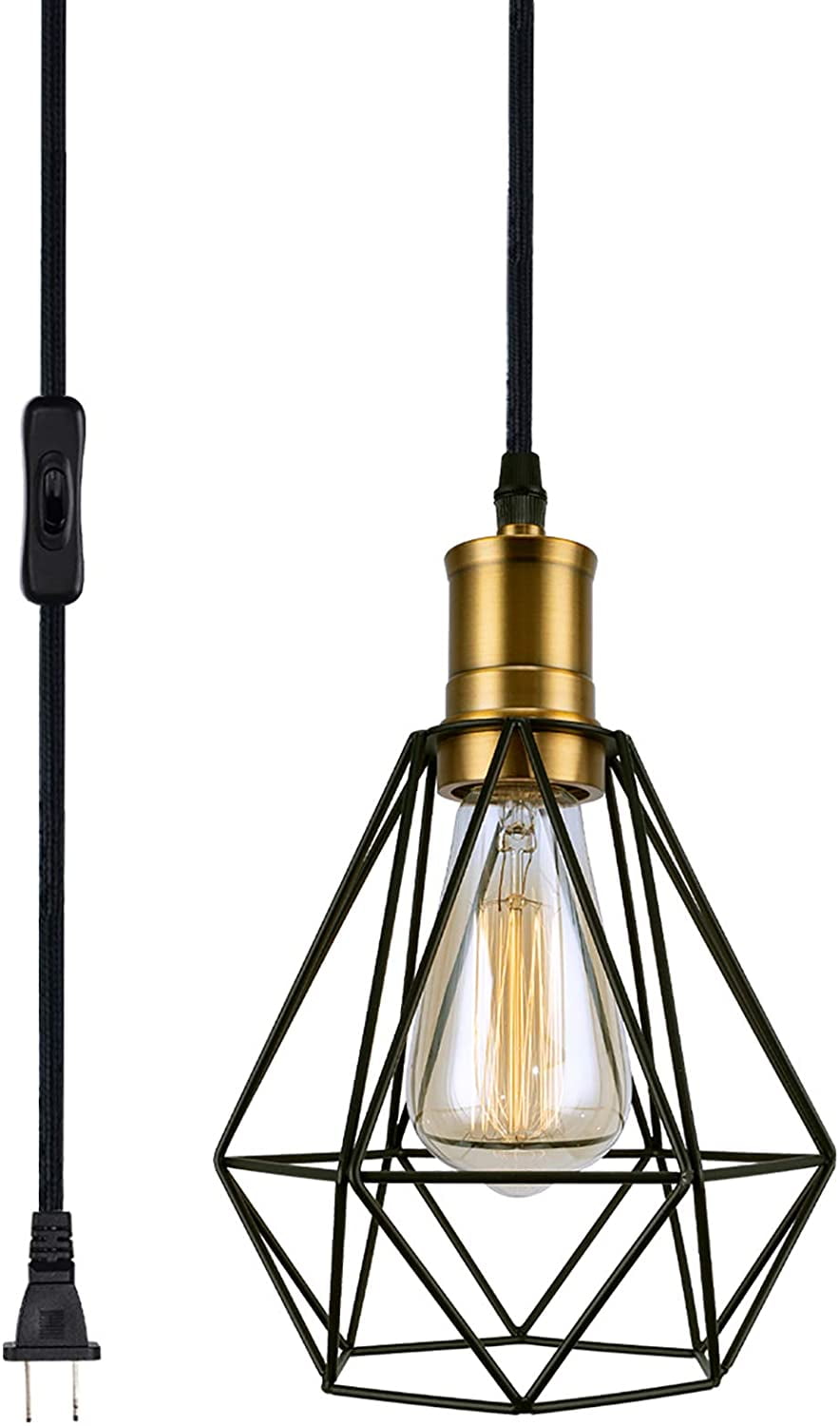 1-Pack Plug in Pendant Lighting, Industrial Light Fixture, Retro Vintage Farmhouse Pendant Lights with On/Off Switch, Black Metal Cage Hanging Lights for Kitchen Island, Living Room, Dining Room, Loft