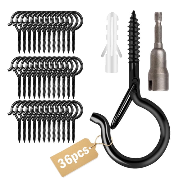 36 PCS Q-Hanger Hooks with Safety Buckle, Outdoor String Light Hooks, Windproof Screw Hooks for Christmas Lights, Plants, Hanging Decorations with Wing Nut Driver