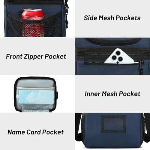 Insulated Lunch Box Dual Compartment Lunch Bag Leakproof Cooler for Men Women Adult Work, Navy Blue, Medium (Upgraded Extra-Tall Bottom Layer)