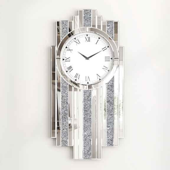 SHYFOY Luxury Art Deco Mirrored Wall Clock with Crushed Diamond Inlay Silver Glass Accent for Living Room