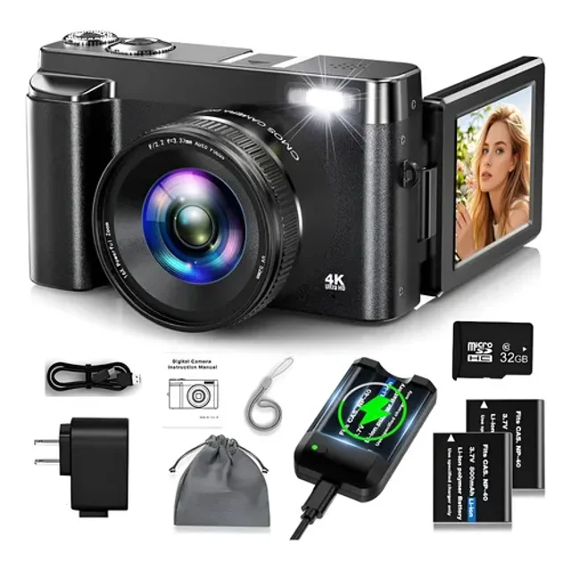 4K Cámara Digital para Fotografía con Video Autofocus 48MP Vlogging Cámara para Youtube, 3'' 180°Flip Pantalla 16X Zoom Digital Cámaras Compactas de Viaje con Tarjeta SD,Flash, Anti-Shake (Negro)