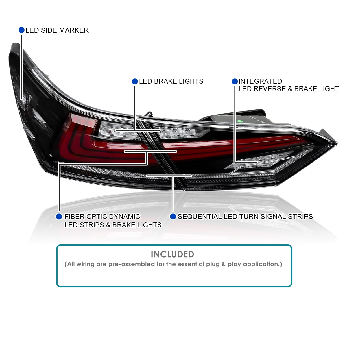 Spec-D Tuning Jet Black Sequential Tail Lights w/ LED Turn Signal and Startup Animation Compatible with 2018-2022 Toyota Camry, Left + Right Pair Assembly
