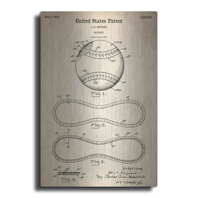 Luxe Metal Art 'Baseball Vintage Patent Blueprint,' Metal Wall Art, 16"x24"