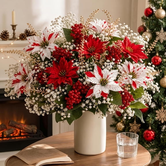 14 Bunches Poinsettias Artificial Christmas Flowers for Outdoors,14'' Fake Red Poinsettias Faux Eucalyptus Plants UV Resistant for Home Planters Garden Porch Christmas Winter Spring Décor