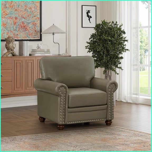 Modern Taupe Faux Leather Single Seat Living Room Chair – Sturdy Accent Chair with Solid Wood Legs