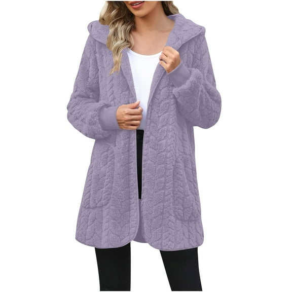 RYRJJ Womens Fuzzy Fleece Jacket Fall Winter Warm Hooded Coat Oversized Sherpa Jackets Open Front Cardigan Outerwear with Pockets(Purple,L)