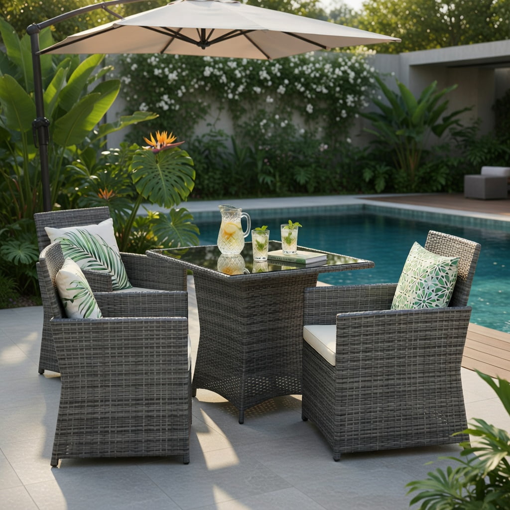 Hommoo 3-Piece Modern Patio Rattan Furniture Set, Steel Frame with Cushions, Tempered Glass Table & Ergonomic Armchairs for Balcony, Porch & Garden