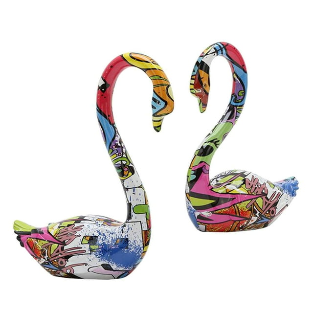 Graffiti Swan Estatua de pareja Colorful Swan Resin Bird Par Feng Shui romántico regalos para boda y decoración de San Valentín para segundo