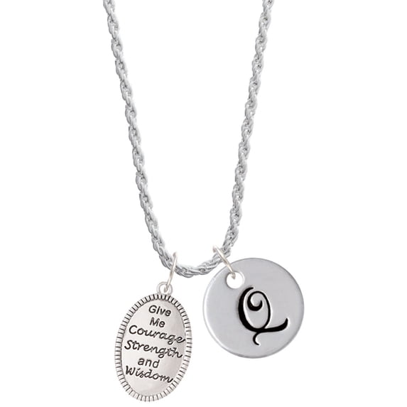 Delight Jewelry Give Me Courage Strength Wisdom Medallion Silvertone Script Initial Disc - Q - Charm Necklace, 20"+3"