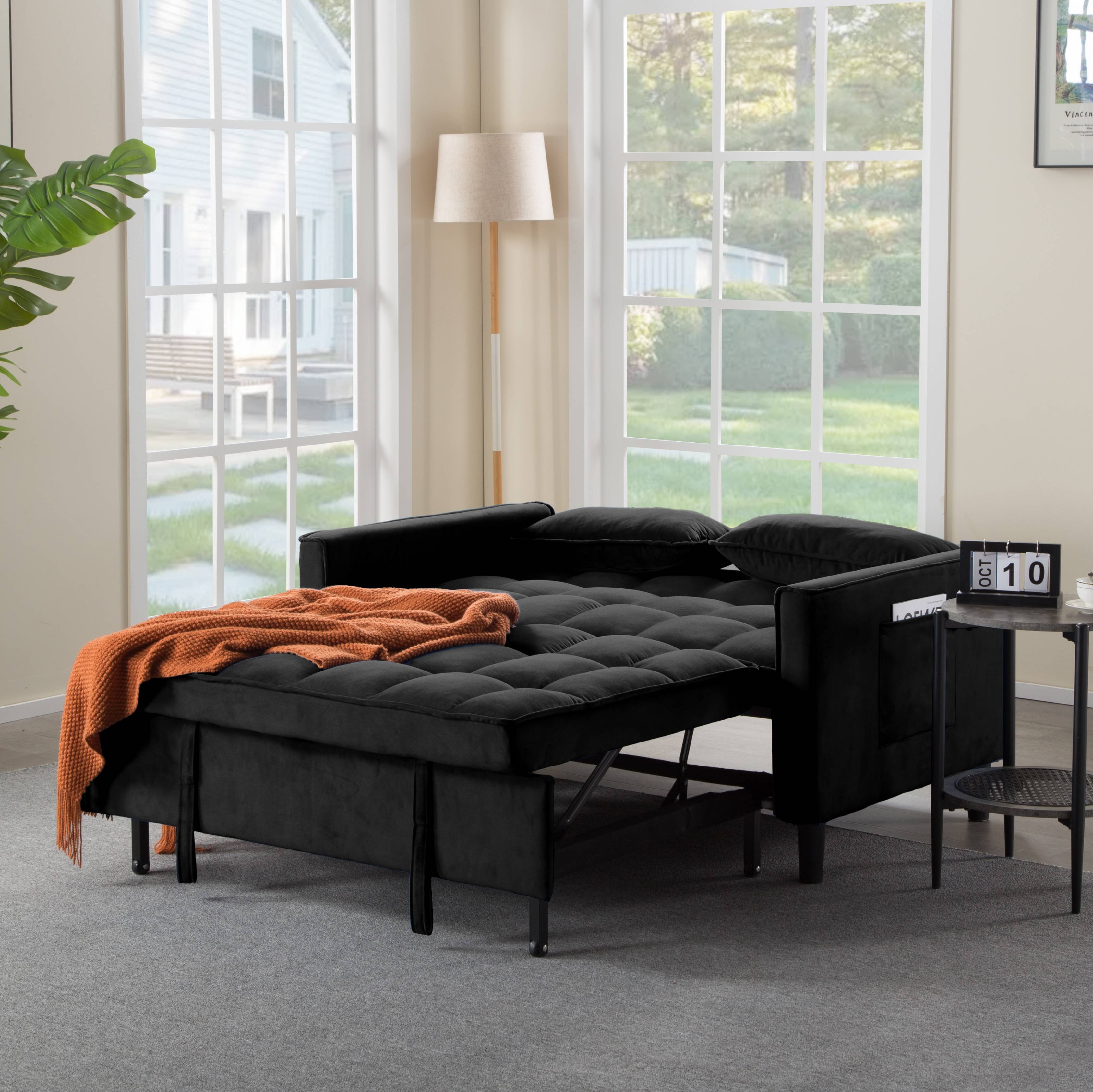 BSHTI 53.94" Pull-Out Sleeper Sofa Bed with Velvet Upholstery, 3-Position Reclining Back, Solid Wood Frame for Apartment/Office（Black）