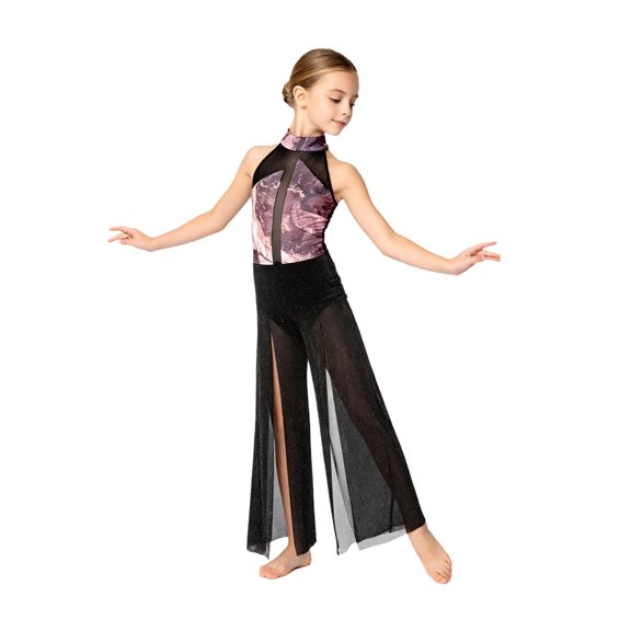 zdhoor Girls Modern Lyrical Dance Jumpsuit Sleeveless Sheer Shiny Bodysuit Purple 16