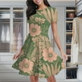thumbnail image 2 of Peach Floral Green Background Women's Classic Swing Skater Dress Casual Work Party Cocktail Dresses, 2 of 6