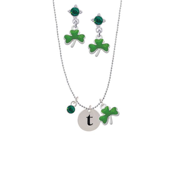 Delight Jewelry Silvertone Disc 1/2'' Initial - t - Green Shamrock Necklace and Clover Earrings Jewelry Set