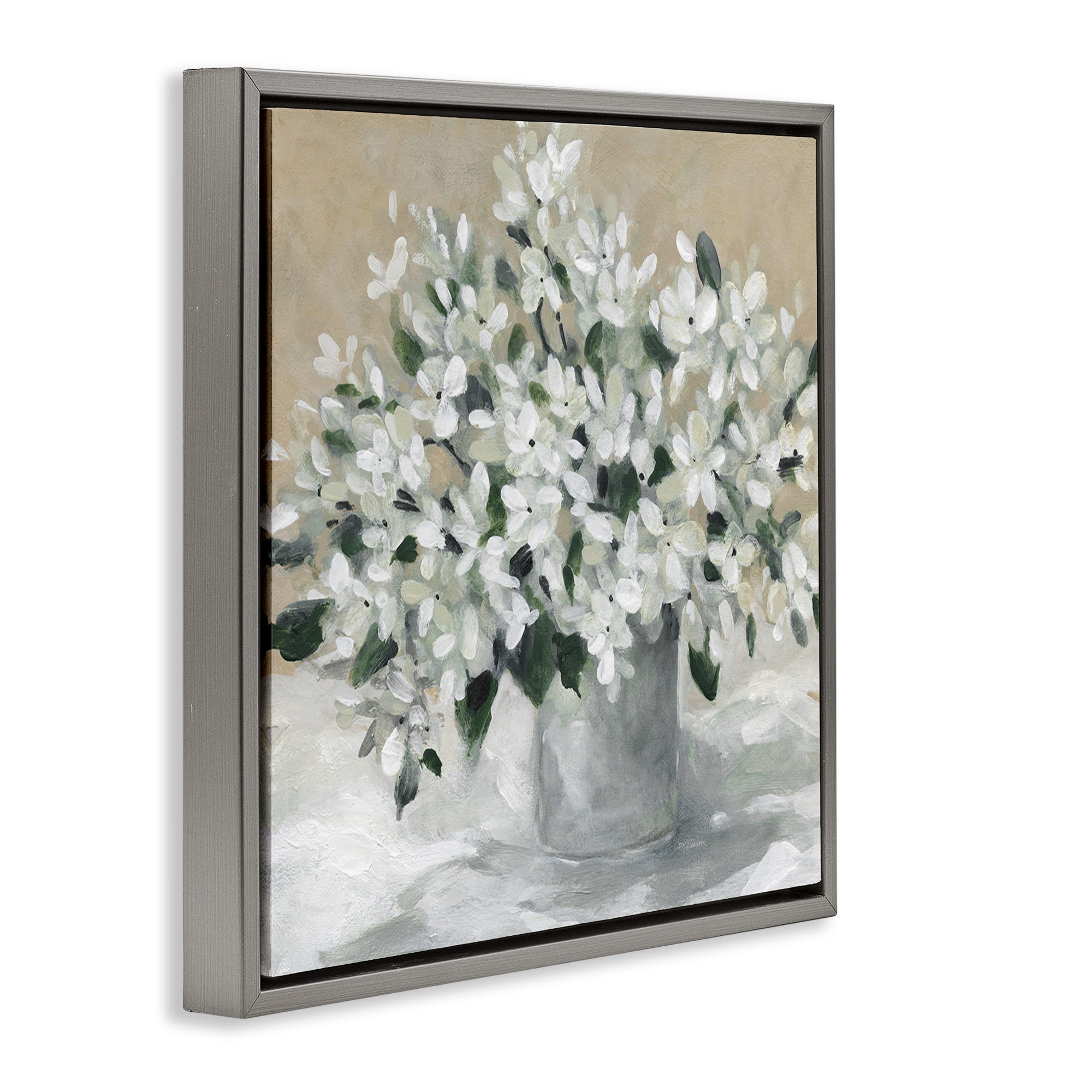 Stupell Industries Potted White Blooms Botanical & Floral Painting Gray Floater Framed Art Print Wall Art, 18 x 18