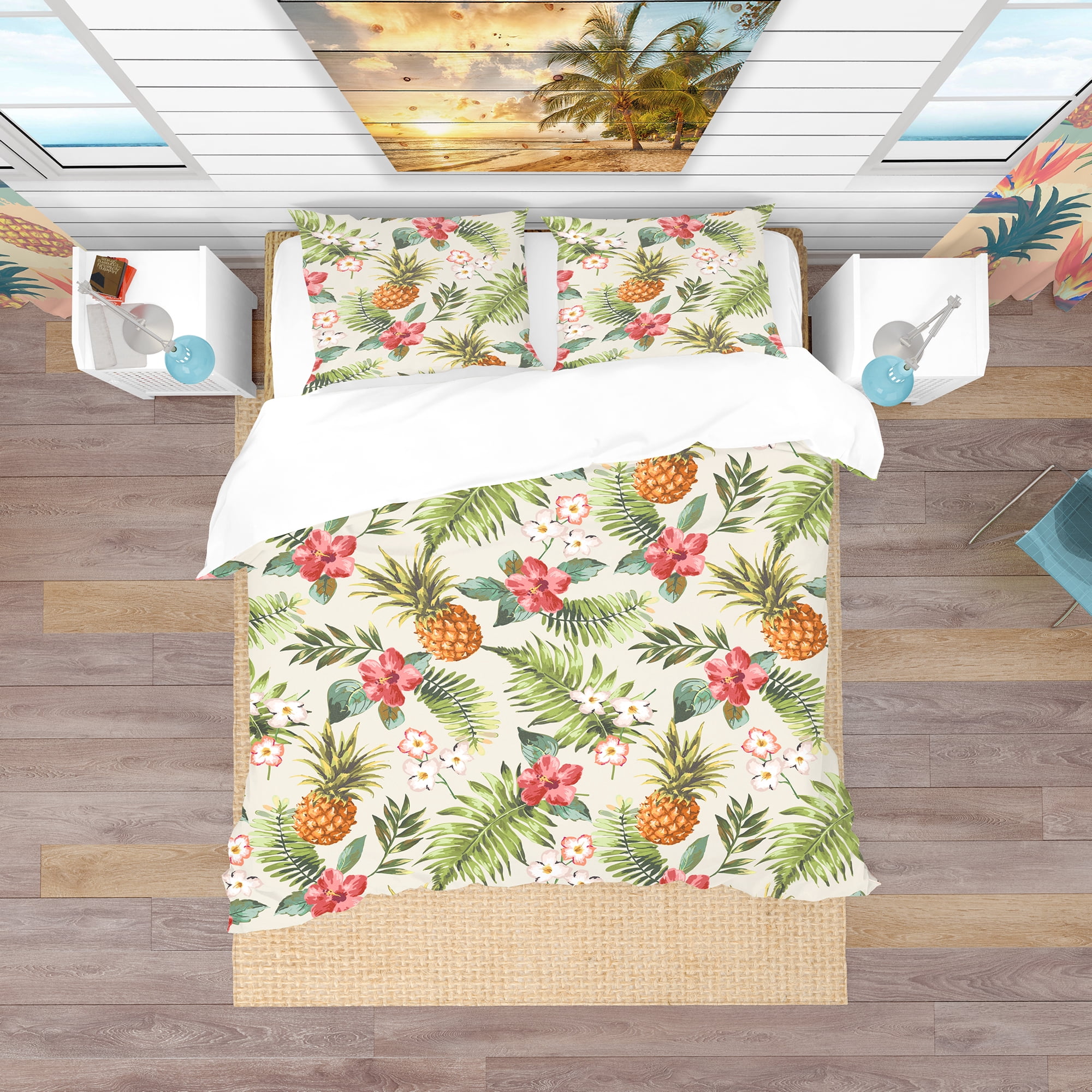Designart 'Jungle Pineapple Red Flower Pattern' Tropical Duvet Cover Set