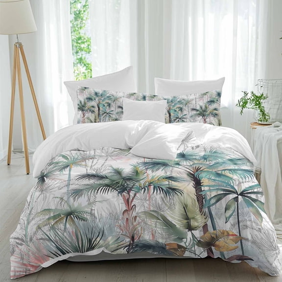 3 Piece Summer Palm Trees Duvet Cover Set Full Size, Microfiber Comforter/Quilt Cover with Corner Ties and 2 Pillowcases, Botanical Tropical Leaves All Season Soft Bedding with Zipper Closure