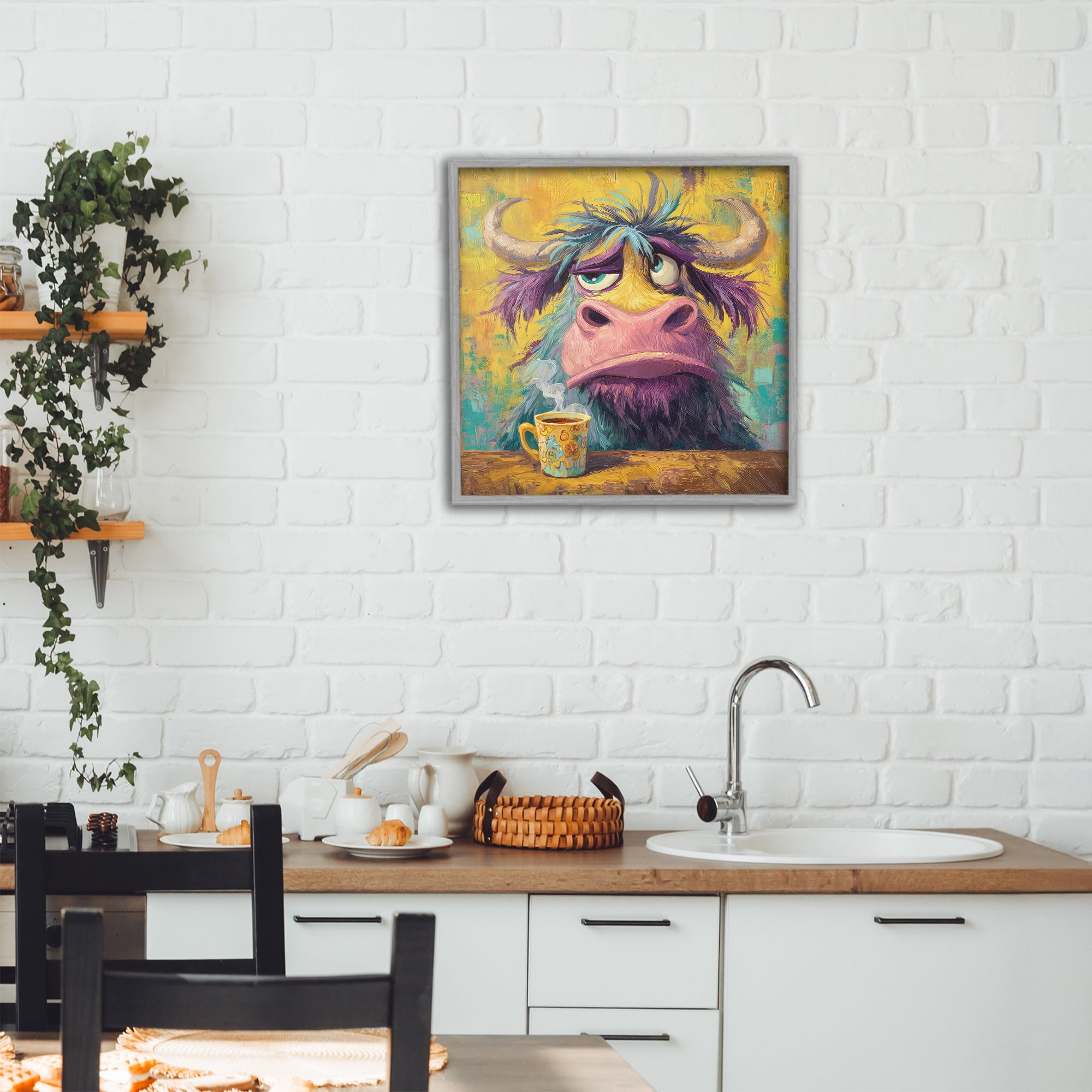 Stupell Industries Grumpy Cow & Mug Gray Framed Giclee Art, design by The Wands Want