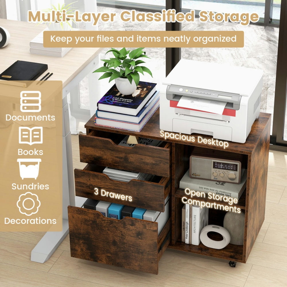 Barara King File Cabinet, File Stroage Organizer,3-Drawer File Cabinet with Adjustable Shelf and Wheels for Letter-Rustic Brown