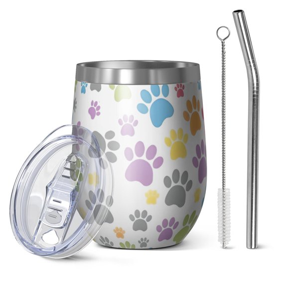 12oz Stemless Wine Tumblers White Dog Paw Footprint Vacuum Insulated Stainless Steel Travel Tumbler Cups Mug with Lid and Straw for Champaign,Cocktail,Beer with Cleaning Brush