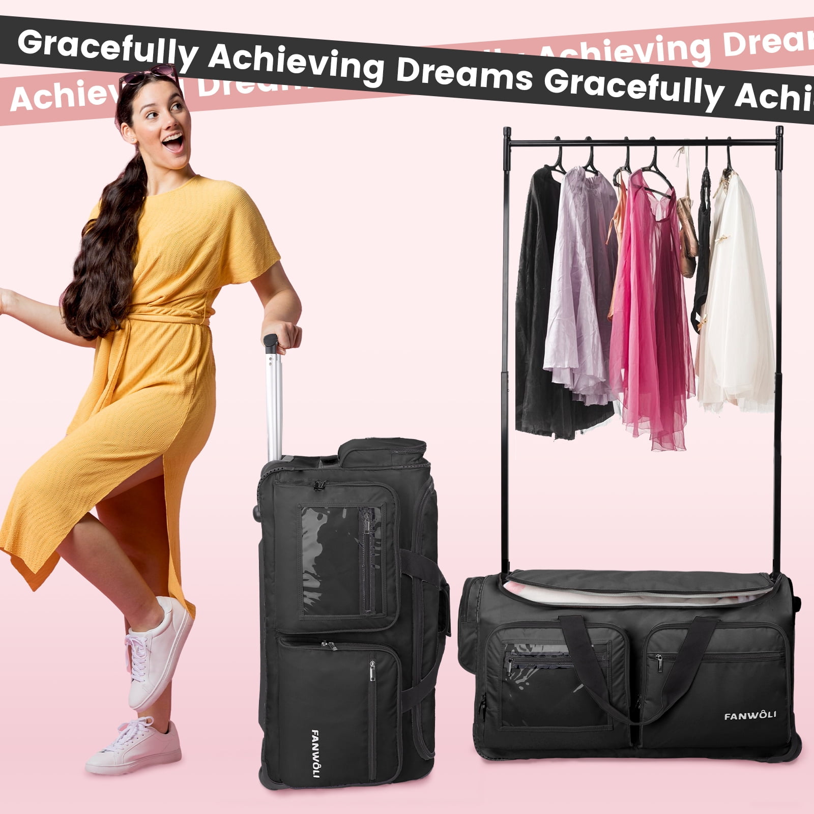 Fegat Dance Bag with Garment Rack, 23" Foldable Rolling Competition Dance Duffle Bag with Portable Clothes Changing Cover, Costume Suitcase for Dancers Shows Athletes