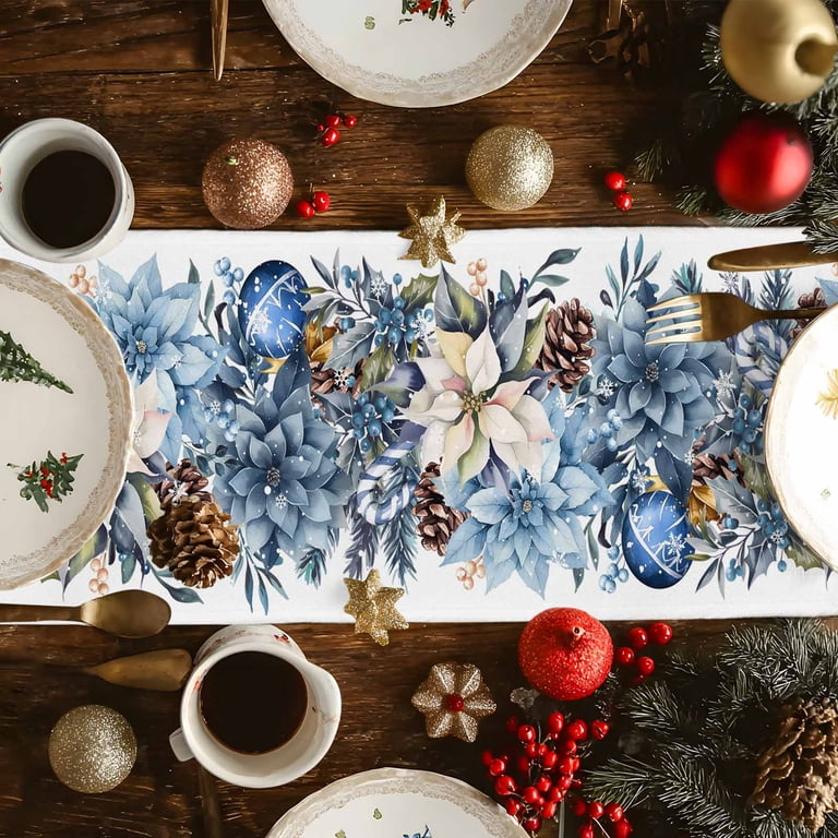 blue dresser scarf Blue Christmas Poinsettia Dresser Scarf Farmhouse, Dining Table Decorations for Wedding/Parties, Xmas Botanical Balls Snowflake Table Runner 36 Inches Long for Kitchen Dining, 13 x 36 In