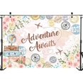 thumbnail image 3 of Fondo de fotografía con tema de aventura, flores rosas, Let The Adventure Begin, decoraciones para fiestas, fondos para fotos, mapa del mundo, viajes globales, avión, cumpleaños, despedida de soltera, 3 of 3