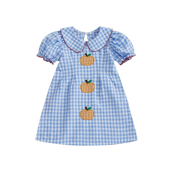 BemeyourBBs Kids Girls Halloween Dress Pumpkin Embroidery Plaid Short Sleeve Dress
