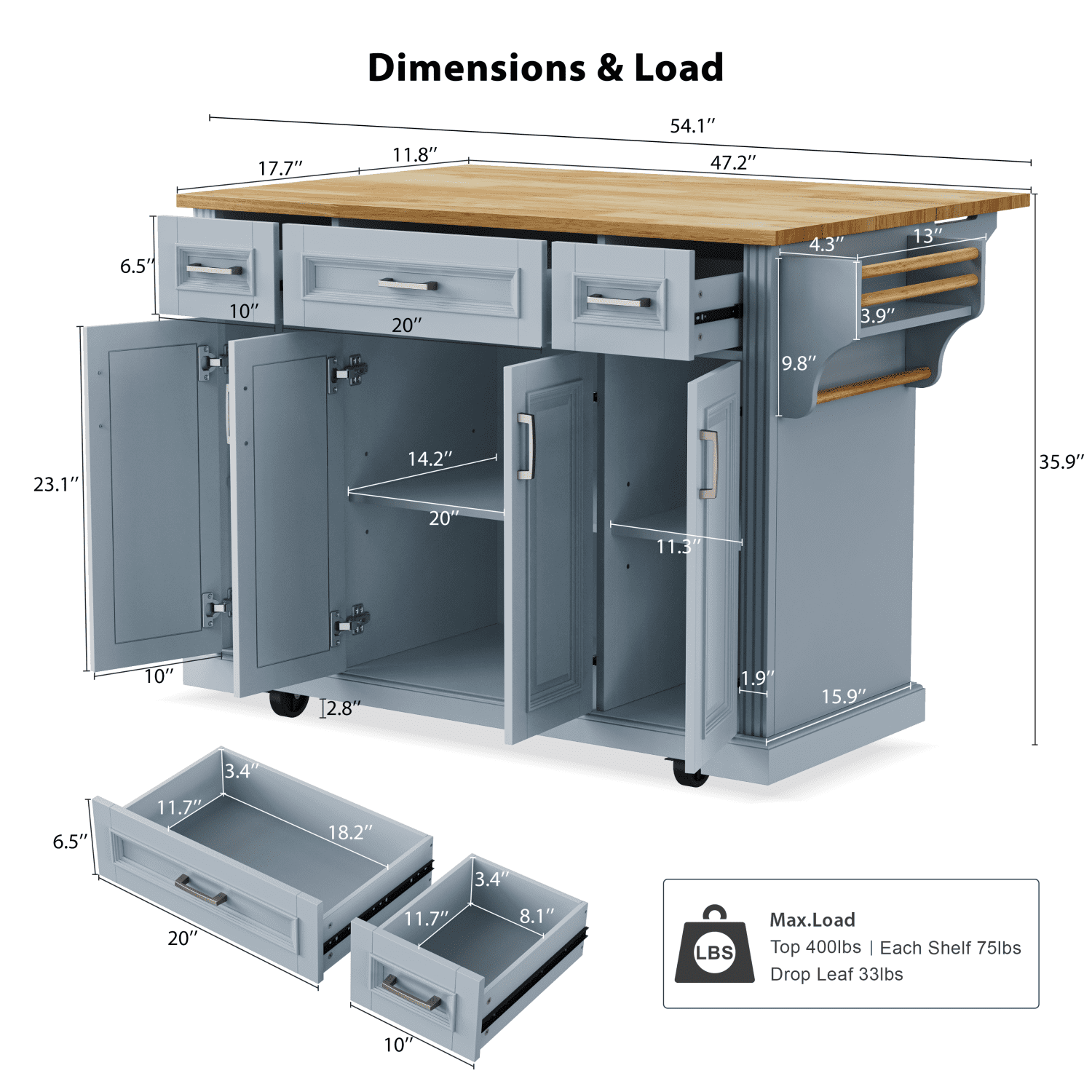 Harper & Bright Designs Large Kitchen Island with Drop Leaf, Rolling Kitchen Cart on 4 Wheels with Doors and 3 Drawers, Kitchen Island with Storage for Dining Room, Grey+Blue